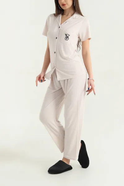 Taş Nakışlı Düğmeli Viskon Pijama Takımı 338274