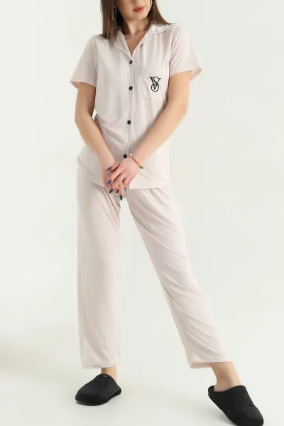 Taş Nakışlı Düğmeli Viskon Pijama Takımı 338274