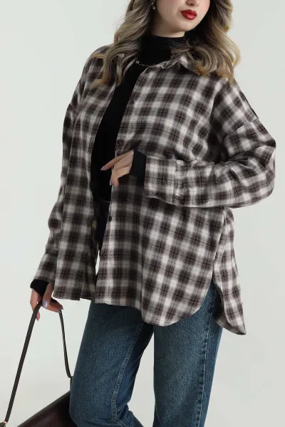 Taş Oversize Ekose Kadın Gömlek 496843