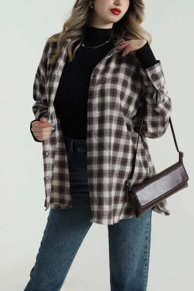 Taş Oversize Ekose Kadın Gömlek 496843