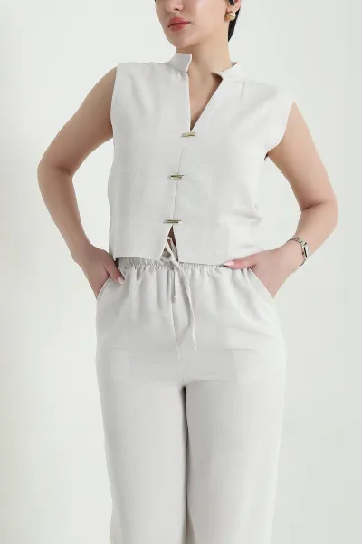 Taş Pantolon Bluz Keten Kadın İkili Takım 456824