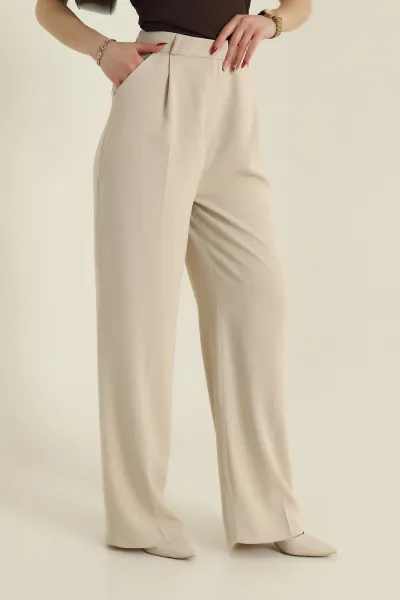 Taş Pileli Palazzo Twill Kadın Pantolon 425424