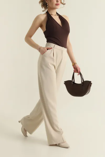 Taş Pileli Palazzo Twill Kadın Pantolon 425424