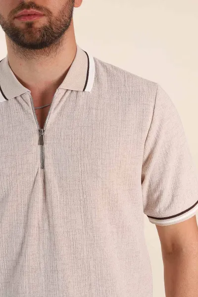 Taş Regular Fit Dokulu Fermuarlı Polo Yaka Erkek Triko Tişört 370060