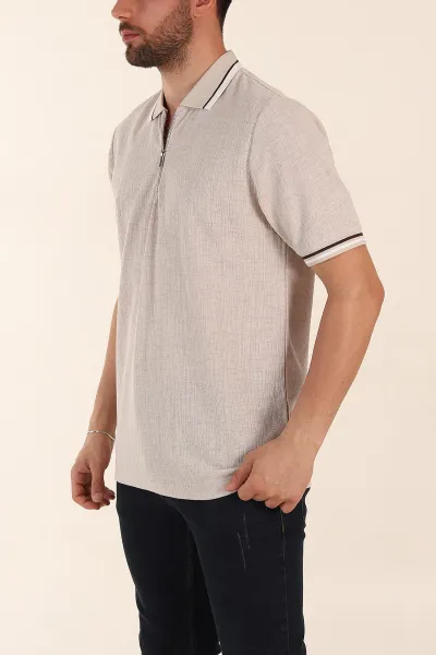 Taş Regular Fit Dokulu Fermuarlı Polo Yaka Erkek Triko Tişört 370060