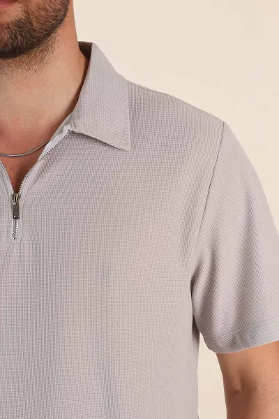 Taş Regular Fit Pike Dokulu Fermuarlı Polo Yaka Erkek Tişört 368532