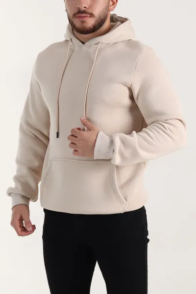 Taş Oversize Üç İp Şardonlu Erkek Basic Kapüşonlu Sweatshirt 400536