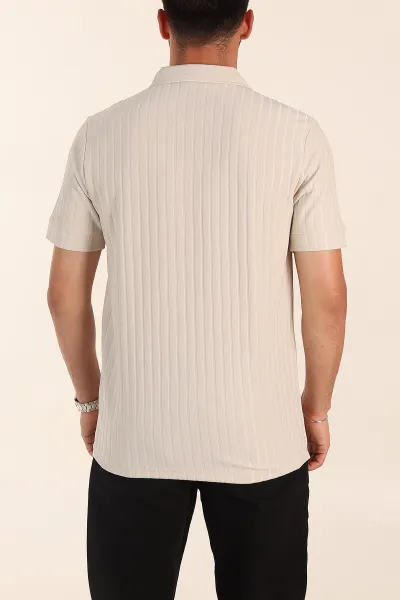 Taş Relaxed Fit Fitilli Doku Fermuarlı Polo Yaka Erkek Tişört 373055