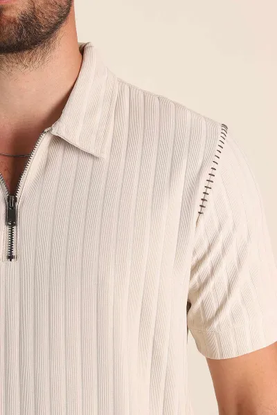 Taş Relaxed Fit Fitilli Doku Fermuarlı Polo Yaka Erkek Tişört 373055