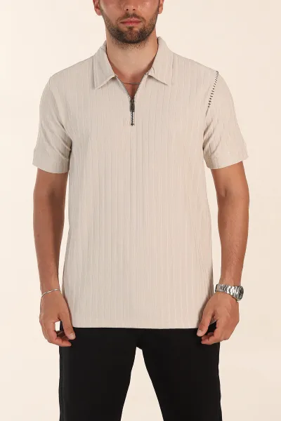 Taş Relaxed Fit Fitilli Doku Fermuarlı Polo Yaka Erkek Tişört 373055