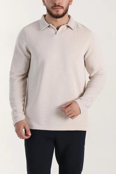 Taş Relaxed Fit Jakarlı Kumaş Kalın Fitilli Polo Yaka Sweatshirt 399557