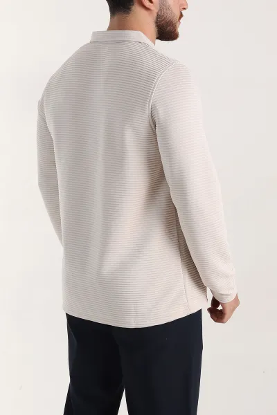 Taş Relaxed Fit Jakarlı Kumaş Kalın Fitilli Polo Yaka Sweatshirt 399557