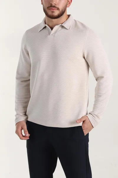 Taş Relaxed Fit Jakarlı Kumaş Kalın Fitilli Polo Yaka Sweatshirt 399557