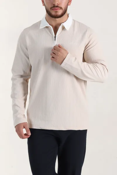 Taş Relaxed Fit Jakarlı Kumaş Yazı Detay Polo Yaka Erkek Sweatshirt 399381