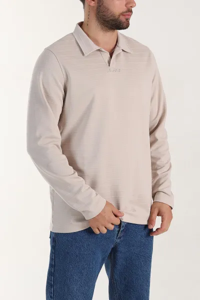 Taş Relaxed Fit Jakarlı Kumaş Yazı Detaylı Polo Yaka Erkek Sweatshirt 399450