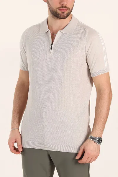 Taş Slim Fit Omuz Şerit Detaylı Fermuarlı Polo Yaka Erkek Triko Tişört 358402