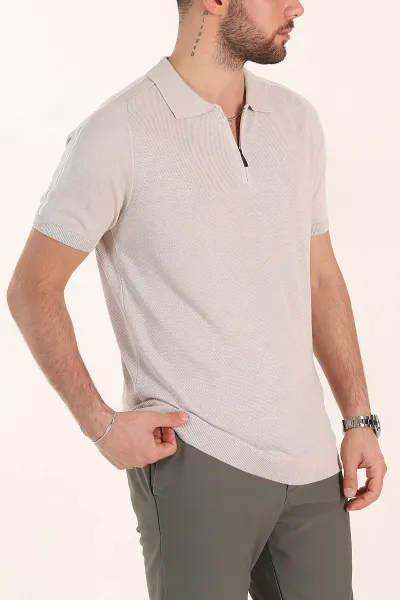Taş Slim Fit Omuz Şerit Detaylı Fermuarlı Polo Yaka Erkek Triko Tişört 358402