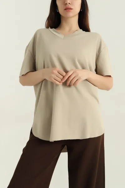 Taş V Yaka Modal Kadın Tişört 346377