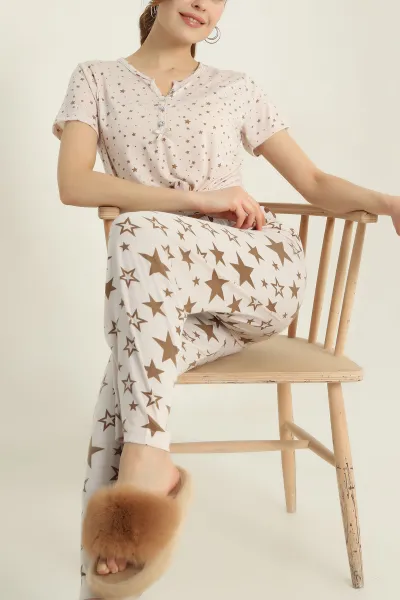 Taş Viskon Düğmeli Kadın Pijama Takımı 347399