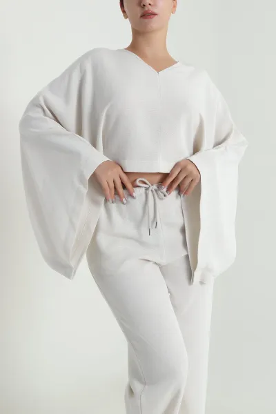 Taş Yarasa Kol Bluz Pantolon Keten Kadın İkili Takım 482540