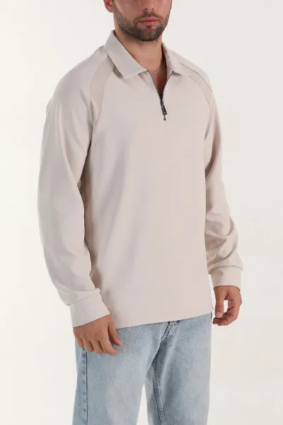 Taş Yarım Fermuarlı Polo Yaka Erkek Sweatshirt 397129