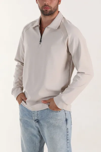Taş Yarım Fermuarlı Polo Yaka Erkek Sweatshirt 397129