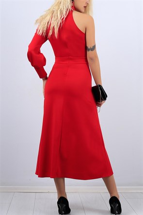 Tek Kol Kırmızı Bayan Elbise 10866B