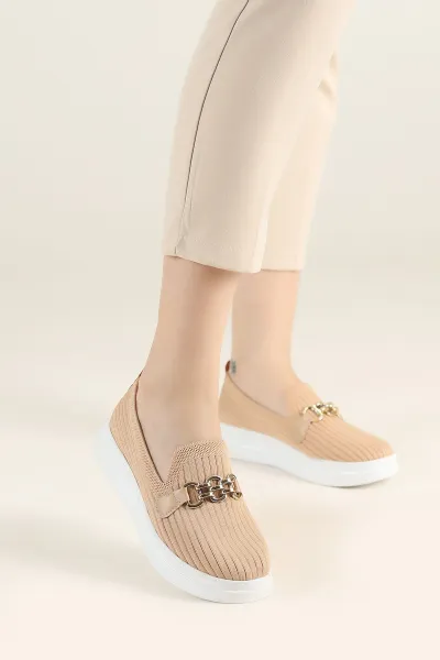 Ten Beyaz Triko Gold Tokalı Loafer Ayakkabı 262232