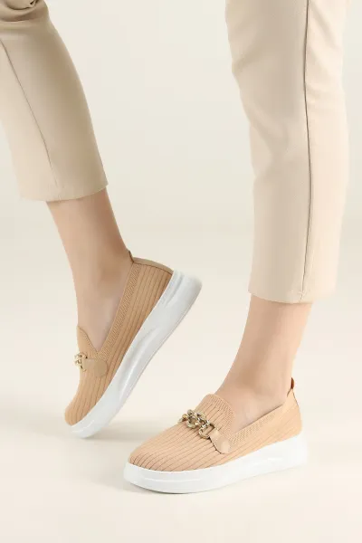 Ten Beyaz Triko Gold Tokalı Loafer Ayakkabı 262232