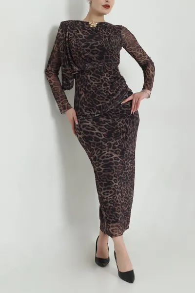 Tokalı Leopar Desen Kadın Tül Elbise 491931