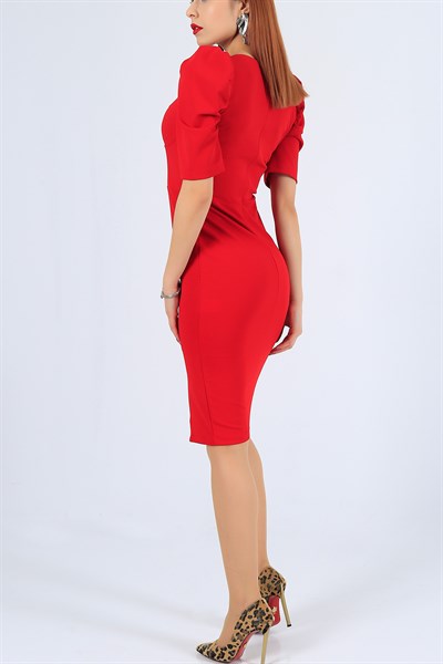 Truvakar Kol Likralı Kırmızı Elbise 26512B