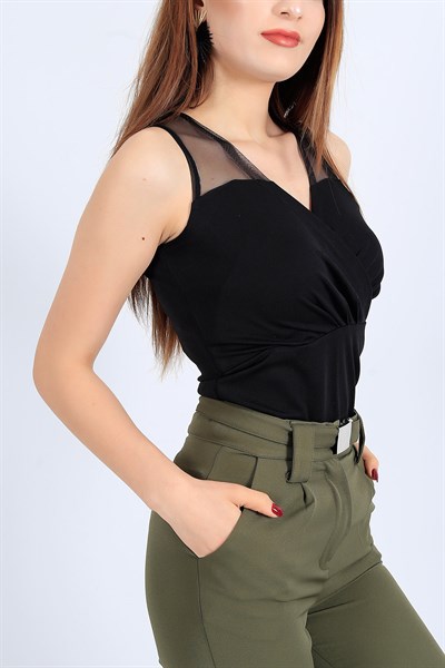 Tül Detay Likralı Siyah Bluz 26816B