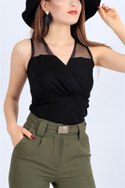 Tül Detay Likralı Siyah Bluz 26816B