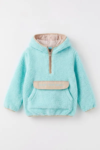 Turkuaz (1-8 Yaş)  Nakışlı Kapüşonlu Kanguru Cepli Yarım Fermuarlı Kuzu Kız &Bebek Çocuk Sweatshirt 497459
