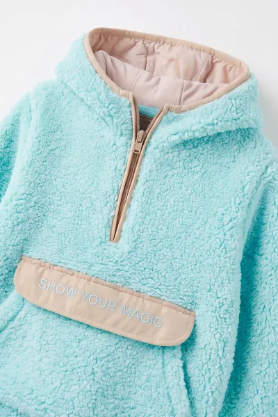 Turkuaz (1-8 Yaş)  Nakışlı Kapüşonlu Kanguru Cepli Yarım Fermuarlı Kuzu Kız &Bebek Çocuk Sweatshirt 497459