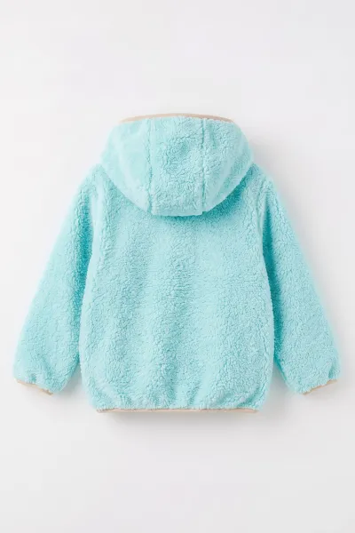 Turkuaz (1-8 Yaş)  Nakışlı Kapüşonlu Kanguru Cepli Yarım Fermuarlı Kuzu Kız &Bebek Çocuk Sweatshirt 497459