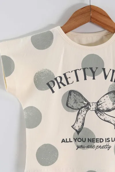 Turkuaz (1-5 Yaş) Prety Vibes Taş Baskılı Tişörtlü Müslin Şortlu Kız Çocuk Yazlık Takım 458950