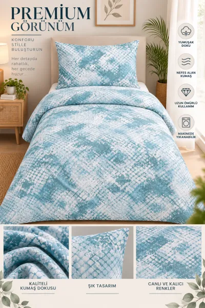 Turkuaz 160x220 Cm Bella Home Tek Kişilik Lastikli Çarşaf Nevresim Takımı 491130