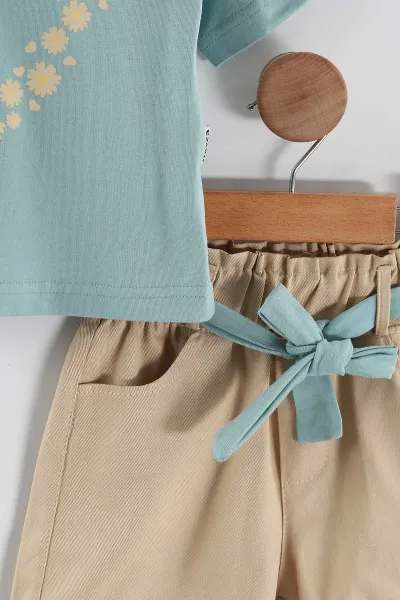 Turkuaz (2-5 Yaş) Flowers Baskılı Süprem Tişörtlü Gabardin Şortlu Kız Çocuk Yazlık Takım 445571