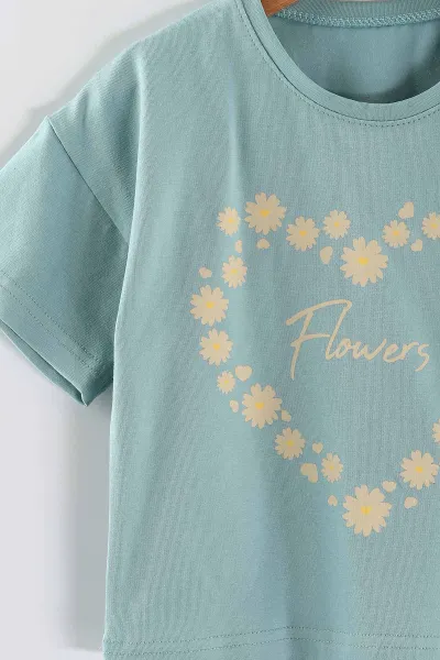 Turkuaz (2-5 Yaş) Flowers Baskılı Süprem Tişörtlü Gabardin Şortlu Kız Çocuk Yazlık Takım 445571