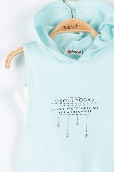 Turkuaz (2-5 Yaş) Yoga Baskılı Taş Detaylı Kapüşonlu Kız Çocuk Takım 176273