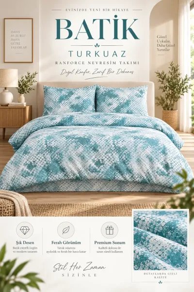 Turkuaz 200x220 Cm Bella Home Lastiksiz Battal Boy New Box Nevresim Takımı 492016