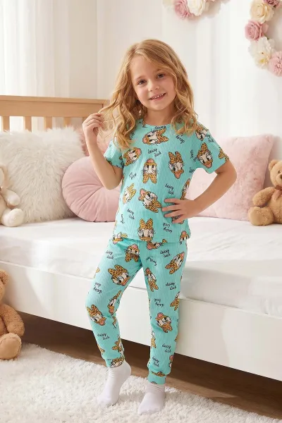 Turkuaz (4-8 Yaş)Karakter Desenli Fitilli Kız Çocuk Pijama Takımı 461487