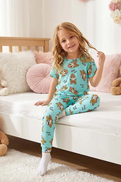 Turkuaz (4-8 Yaş)Karakter Desenli Fitilli Kız Çocuk Pijama Takımı 461487