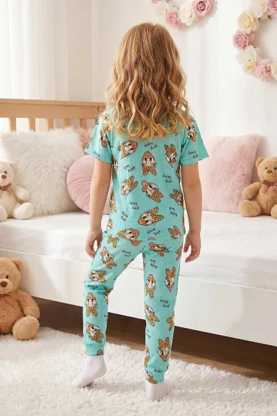 Turkuaz (4-8 Yaş)Karakter Desenli Fitilli Kız Çocuk Pijama Takımı 461487