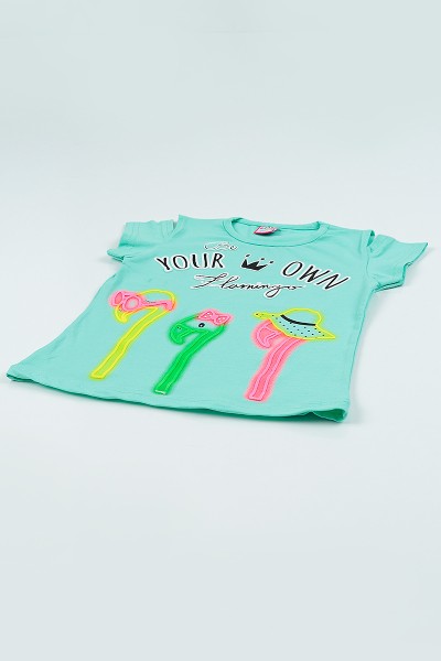 Turkuaz (5-8 yaş) Flamingo Baskılı Kız Çocuk Tşört 105056