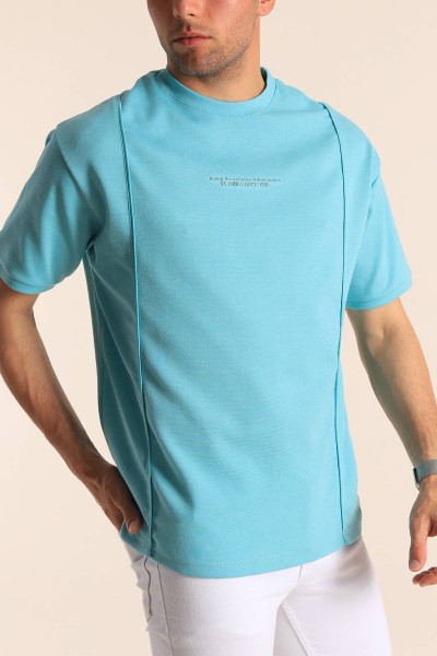 Turkuaz Oversize Kabartma Yazılı Dikişli Erkek Tişört 181824