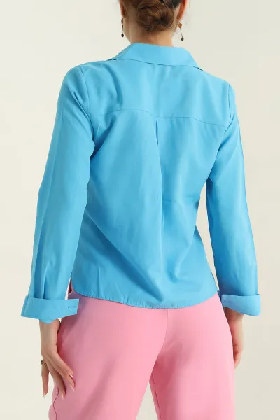 Turkuaz Poplin Kumaş Kadın Crop Gömlek 355802