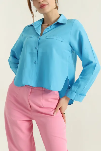Turkuaz Poplin Kumaş Kadın Crop Gömlek 355802