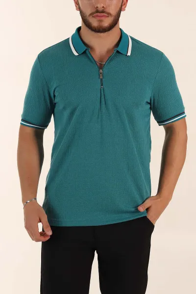 Turkuaz Regular Fit Dokulu Fermuarlı Polo Yaka Erkek Triko Tişört 370061